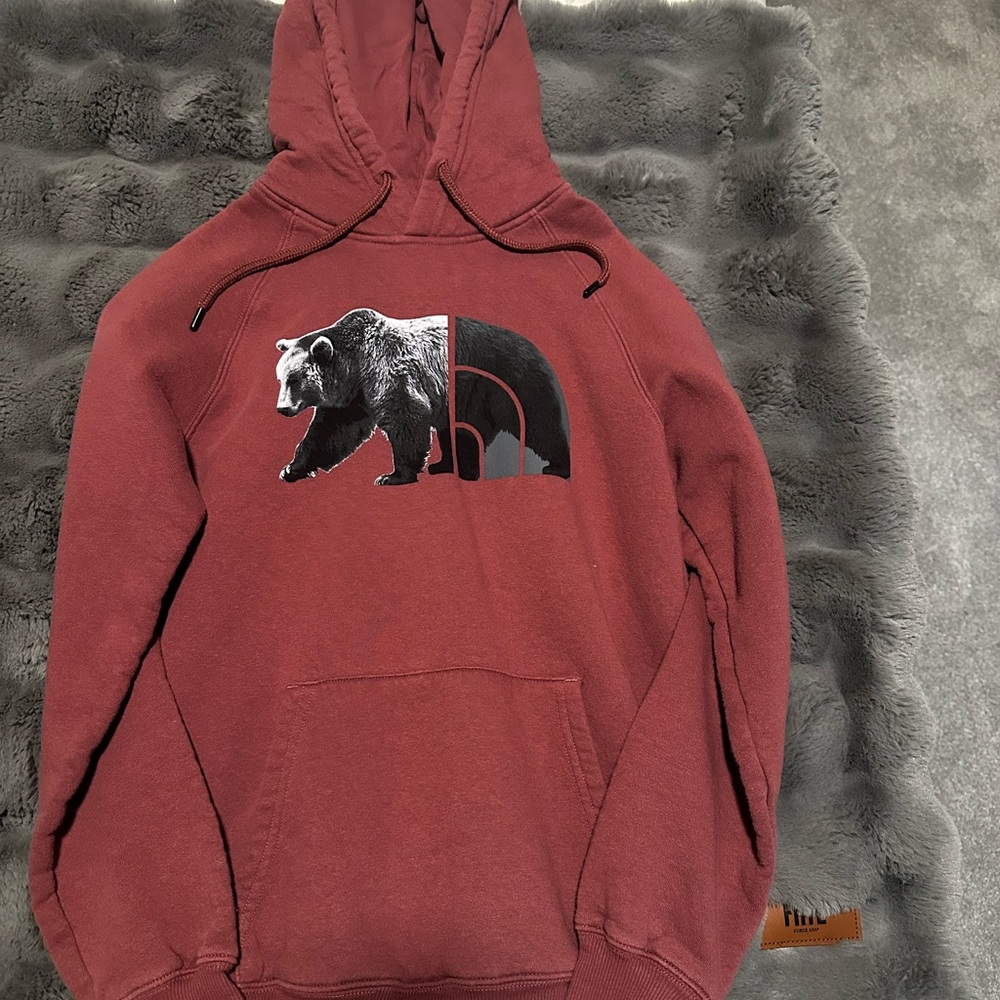 The North Face Maroon Hoodie with Bear Graphic
